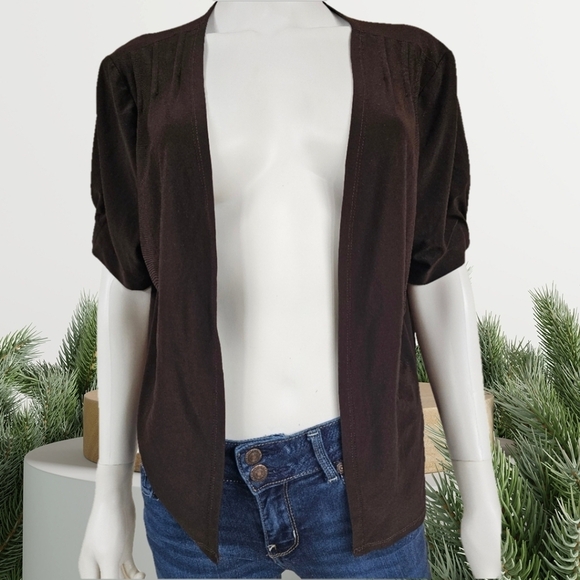 Perceptions New York Short Ruched Sleeves Open Front Cardigan Size 16 - Picture 2 of 10